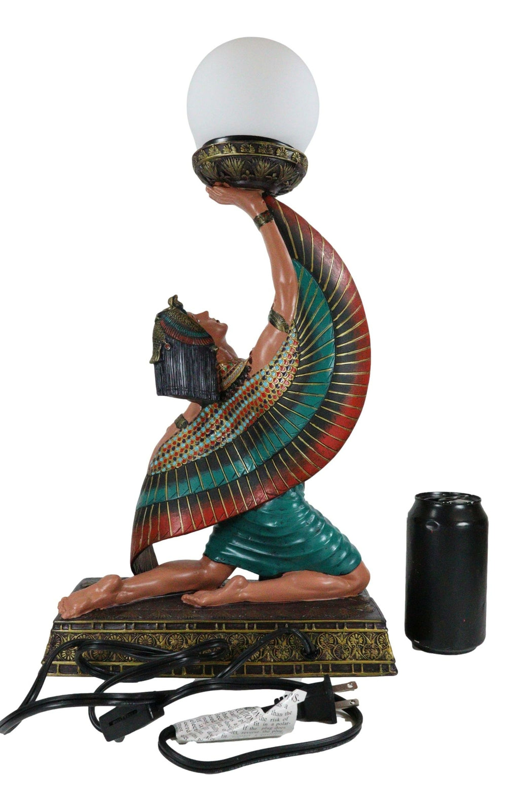 Egyptian Winged Goddess Isis Dancing Side Table Glass Orb Sphere Lamp Statue