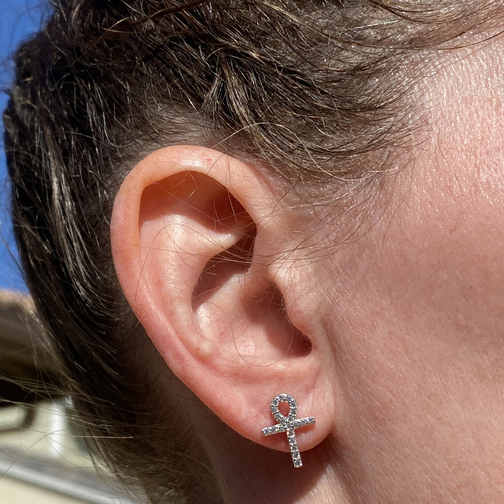 925 Sterling Silver Egyptian Ankh Cross Earrings Iced Flooded Out CZ Screw Back