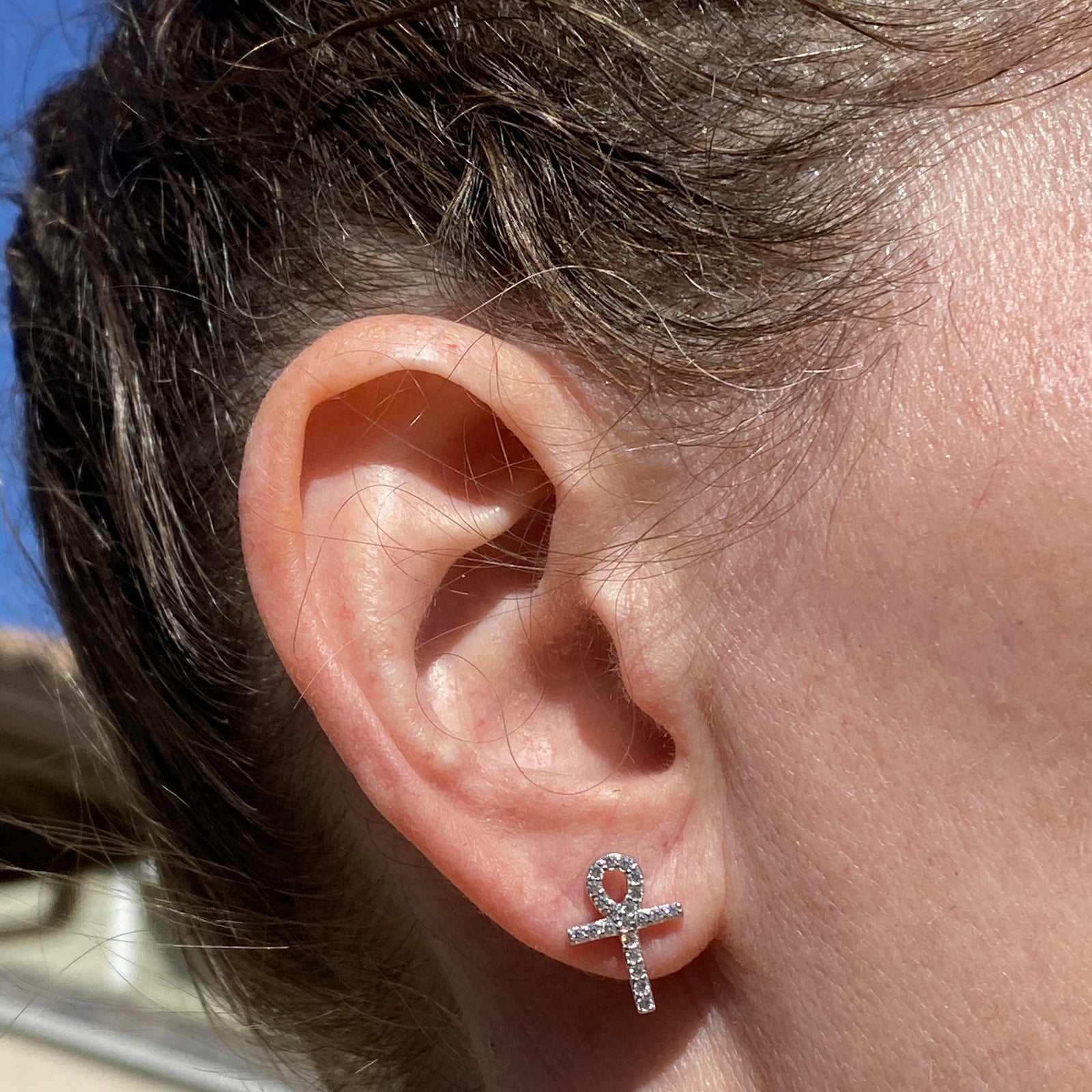 925 Sterling Silver Egyptian Ankh Cross Earrings Iced Flooded Out CZ Screw Back