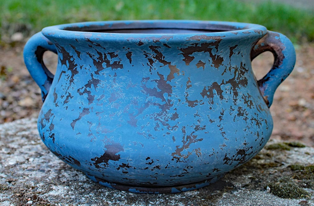 Egyptian Era Designed Earthen Ware Terra-Cotta Vessel/Planter with Looped Handles. Blue