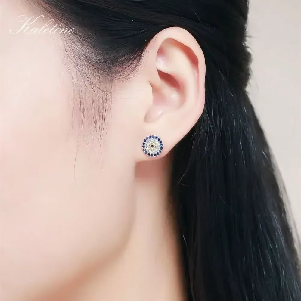 Genuine 925 Sterling Silver CZ Crystal Lucky Turkey Evil Eye Earrings for Women Yellow Rose Gold Jewelry KLTE009