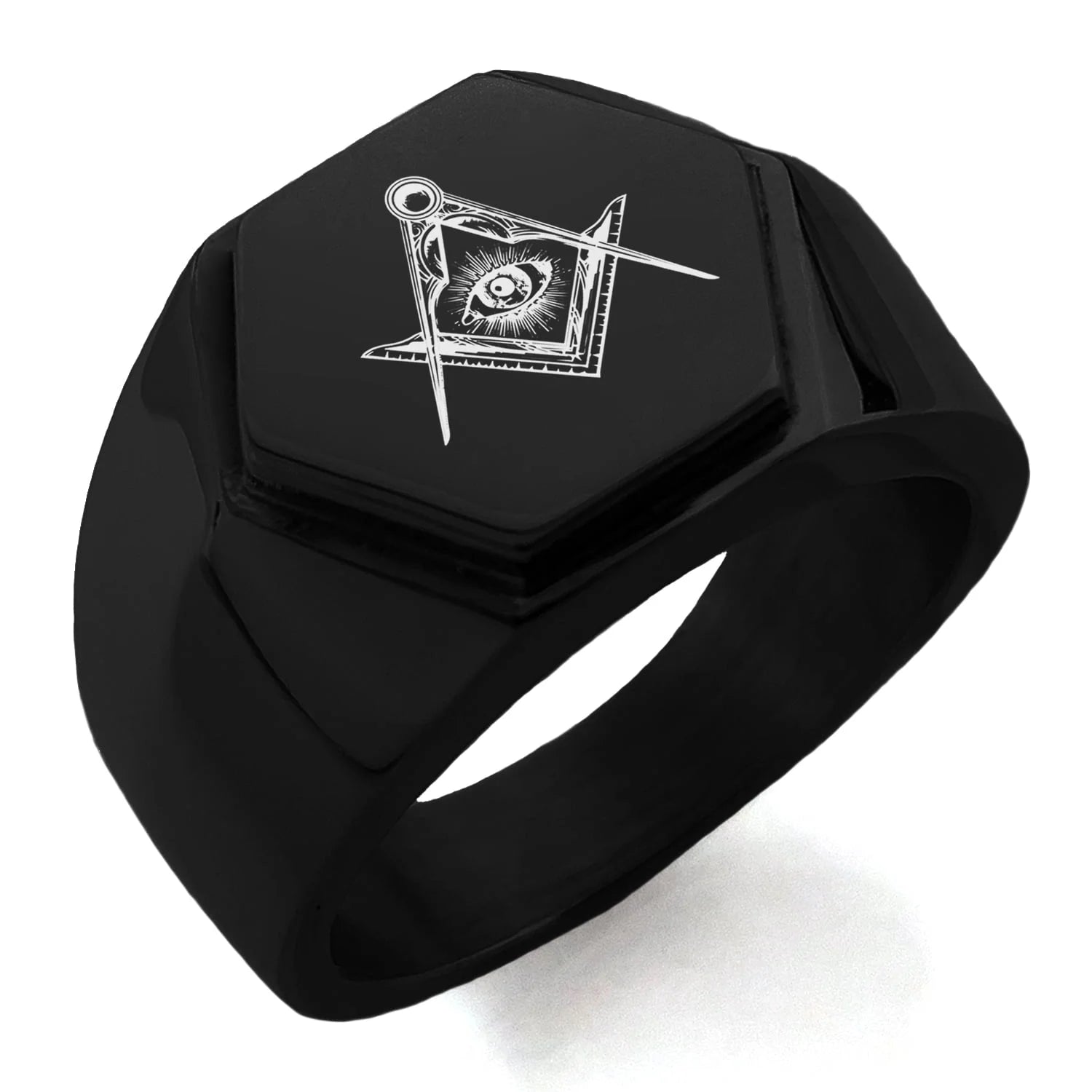Stainless Steel Freemasons Masonic Sacred Society Engraved Hexagon Crest Flat Top Biker Style Polished Ring