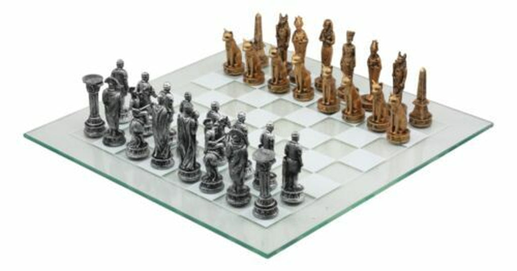 Ebros Kingdoms at War Egyptian VS Roman Army Resin Chess Pieces Glass Board Set