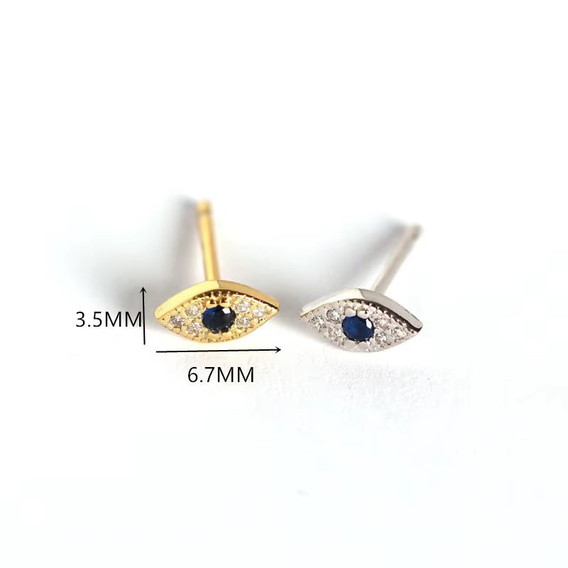 Genuine 100% Sterling Silver Pave Blue Zircon Demon Eyes Stud Earrings for Women Fashion Bihemian Evil Eye Jewelry Gift