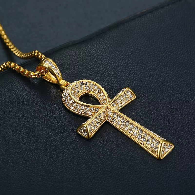 Men'S Egyptian Ankh Cross Pendant with Stainless Steel Chain and Iced Out Bling Full Rhinestones Necklace Hip Hop Egypt Jewelry