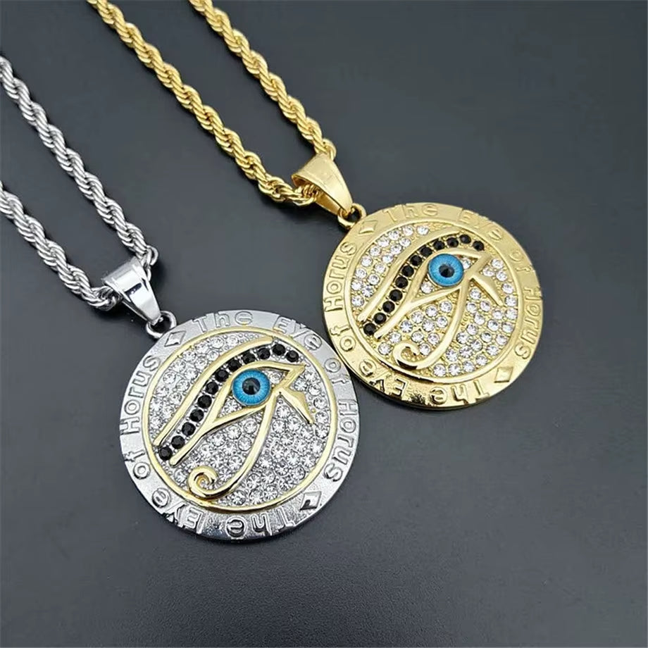 Egyptian Eye of Horus Necklace Pendant & Chain for Men Women Gold Color Stainless Steel round Hiphop Ancient Egypt Jewelry N1238