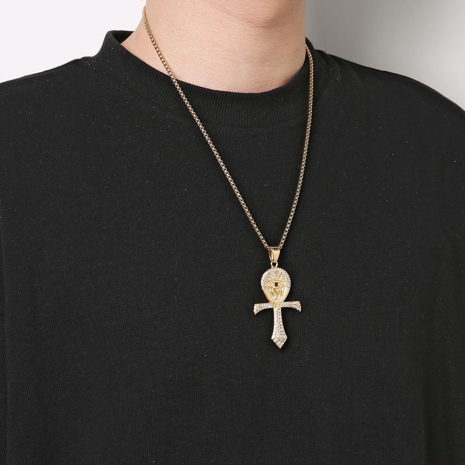 CZ Eye of Horus Egypt Protection Pendant Coptic Ankh Cross Religious Stainless Steel Necklace