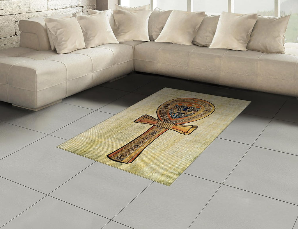 Egyptian Print Area Rug, Papyrus Presenting the Key of Life Traditional Empire Egyptian, Flat Woven Accent Rug for Living Room Bedroom Dining Room, 4' X 5' 7", Cream Orange