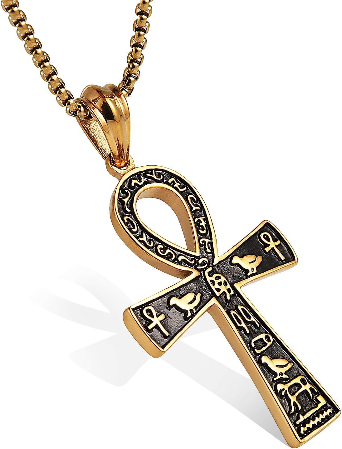 Stainless Steel Large Ankh Cross Pendant Ancient Egyptian Hieroglyphic Symbol 22+2 Inch Chain