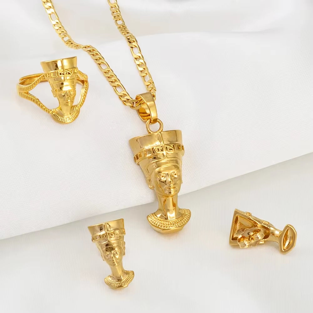 Egyptian Queen Nefertiti Sets Pendant Necklace Stud Earrings Ring African Traditional Culture Jewelry #244206