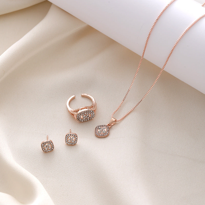 Diamond Geometric Necklace Ring Earrings 3-Piece Set
