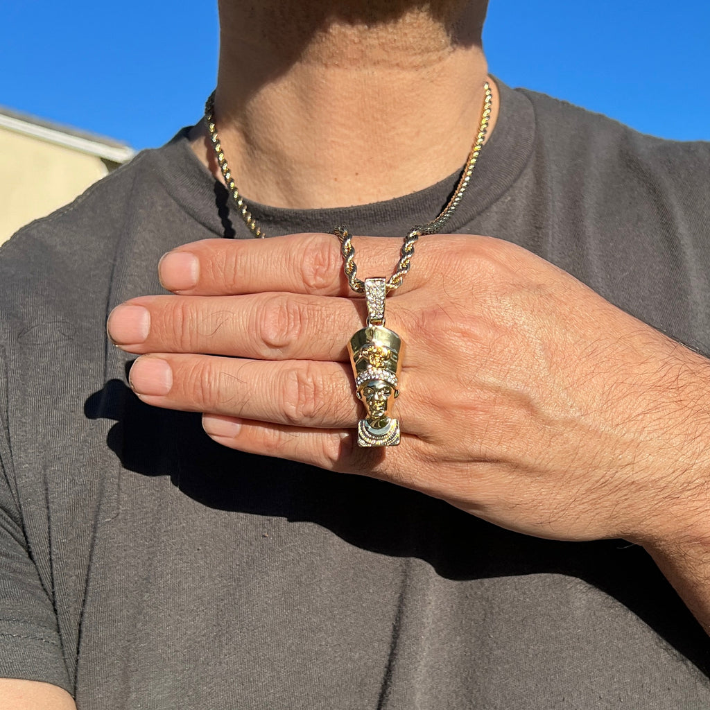 14K Gold Plated Egypt Queen Nefertiti Iced Bling Out Simulated CZ Rope Chain 24"