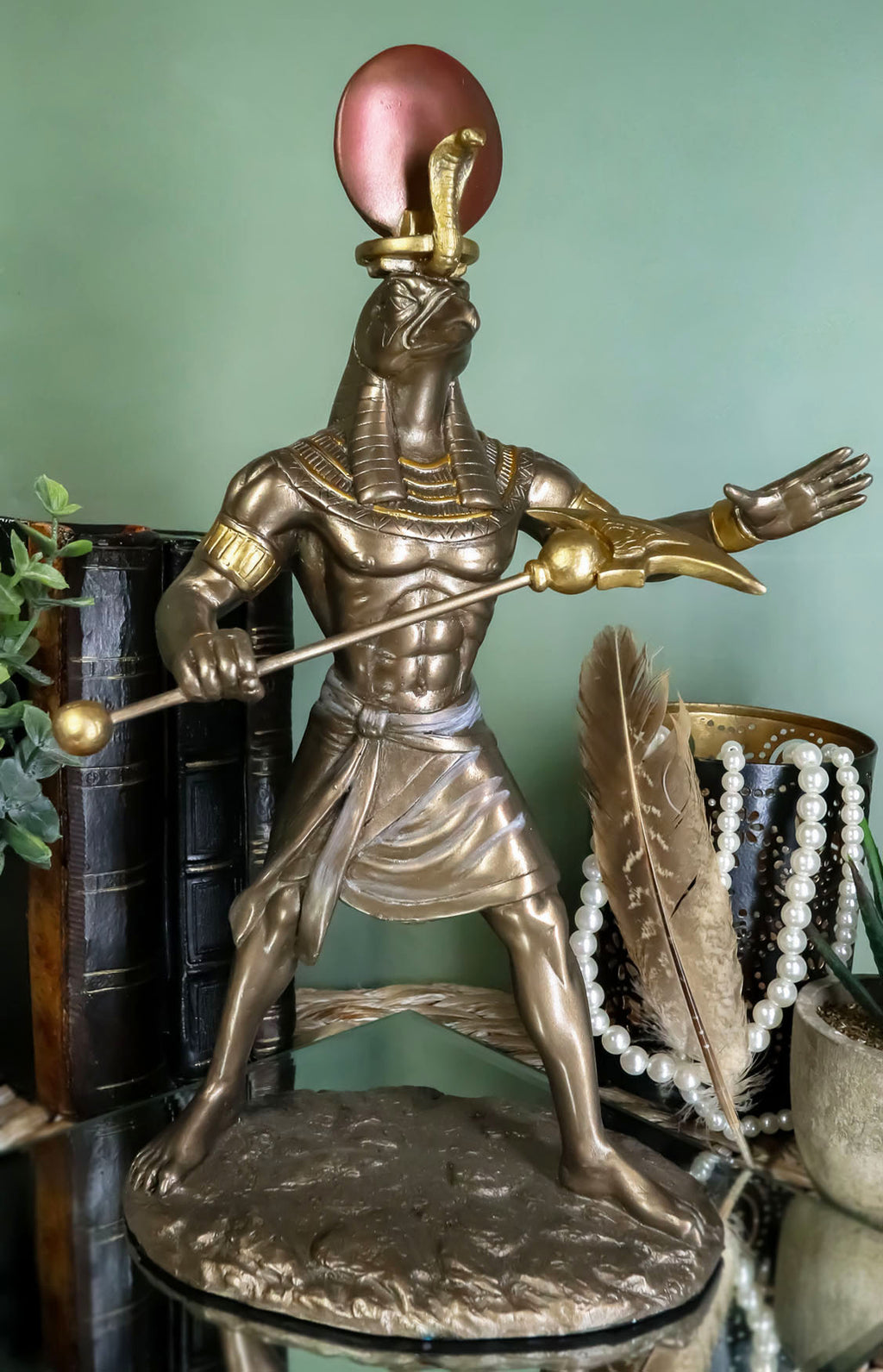 Egyptian Mythology God Horus Ra with Sun and Uraeus Disc Statue Heru Falcon