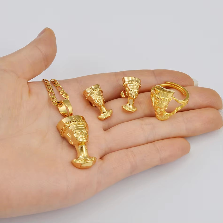Egyptian Queen Nefertiti Sets Pendant Necklace Stud Earrings Ring African Traditional Culture Jewelry #244206