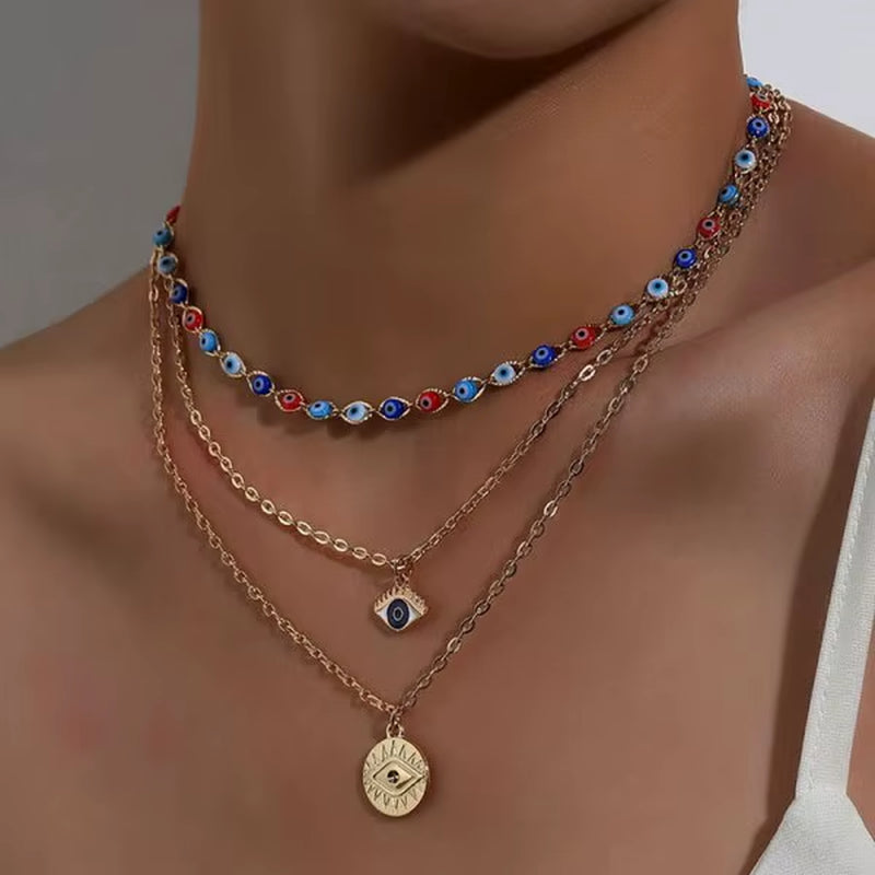 Boho Lucky Multi-Layers Crystal Evil Eye Pendant Necklace for Women Geometric round Charm Clavicle Chain Beach Jewelry