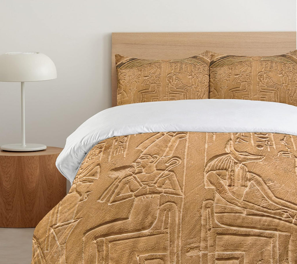 Egyptian Print Duvet Cover Set, Egyptian Hieroglyphs on the Wall Stone Surface Scripts Arts Theme Image, Decorative 3 Piece Bedding Set with 2 Pillow Shams, Queen Size, Brown