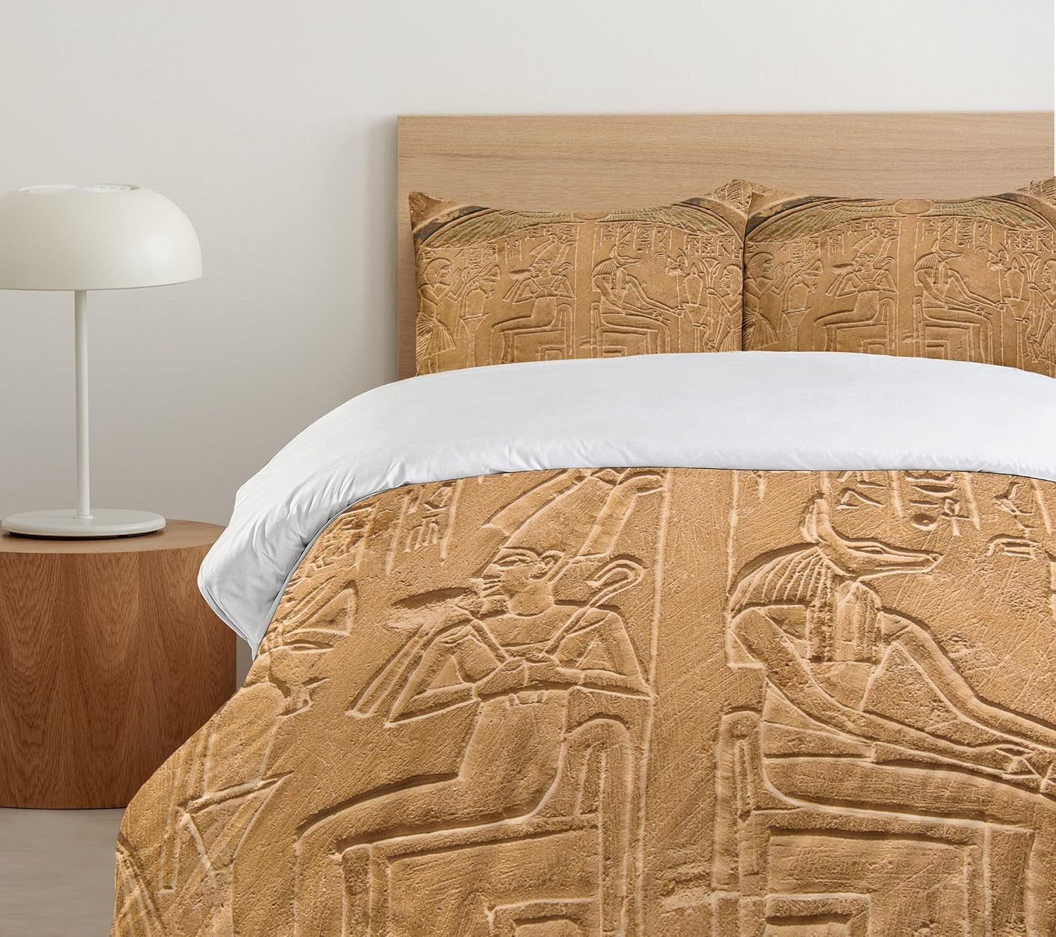 Egyptian Print Duvet Cover Set, Egyptian Hieroglyphs on the Wall Stone Surface Scripts Arts Theme Image, Decorative 3 Piece Bedding Set with 2 Pillow Shams, King Size, Brown