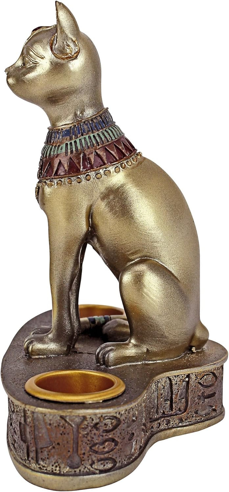 Altar of the Cat Diety Bastet Egyptian Candle Holder, 4 Inches Wide, 5 Inches Tall, Cast Stone Resin, Bronze Finish