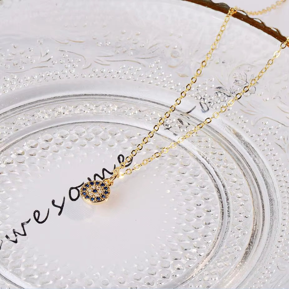 Genuine 925 Sterling Silver Necklace Turkey round Evil of Eye Necklaces AAA CZ for Women Link Chain Jewelry KLTN021