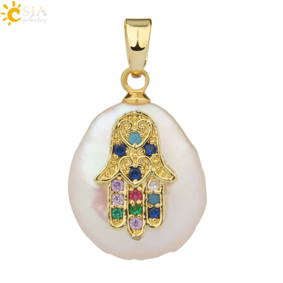 CSJA Coin Freshwater Pearl Pendants Small Size Evil Eye Hamsa Fatima Hand Zircon Gold Color Necklace Choker for Women Girls G205