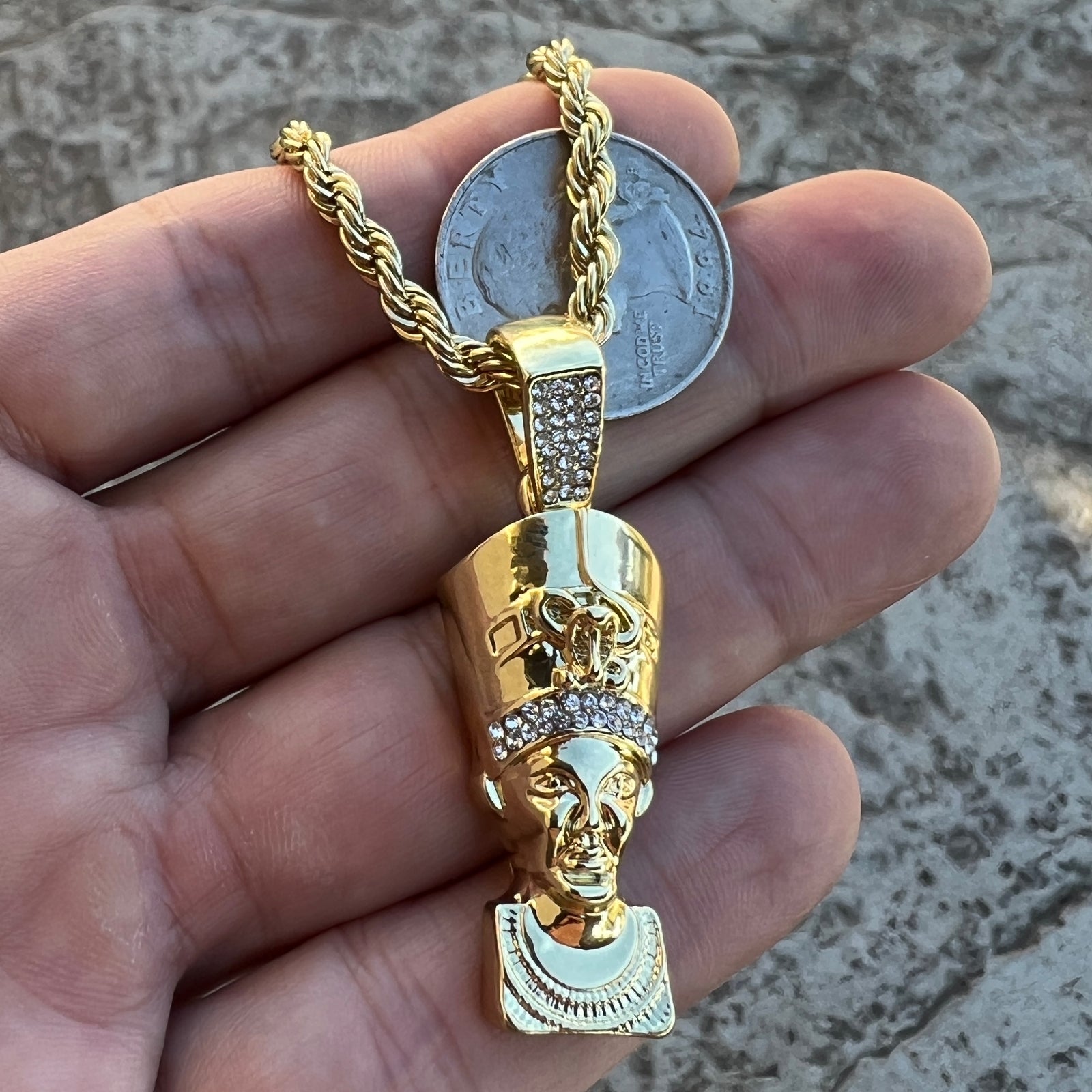 14K Gold Plated Egypt Queen Nefertiti Iced Bling Out Simulated CZ Rope Chain 24"
