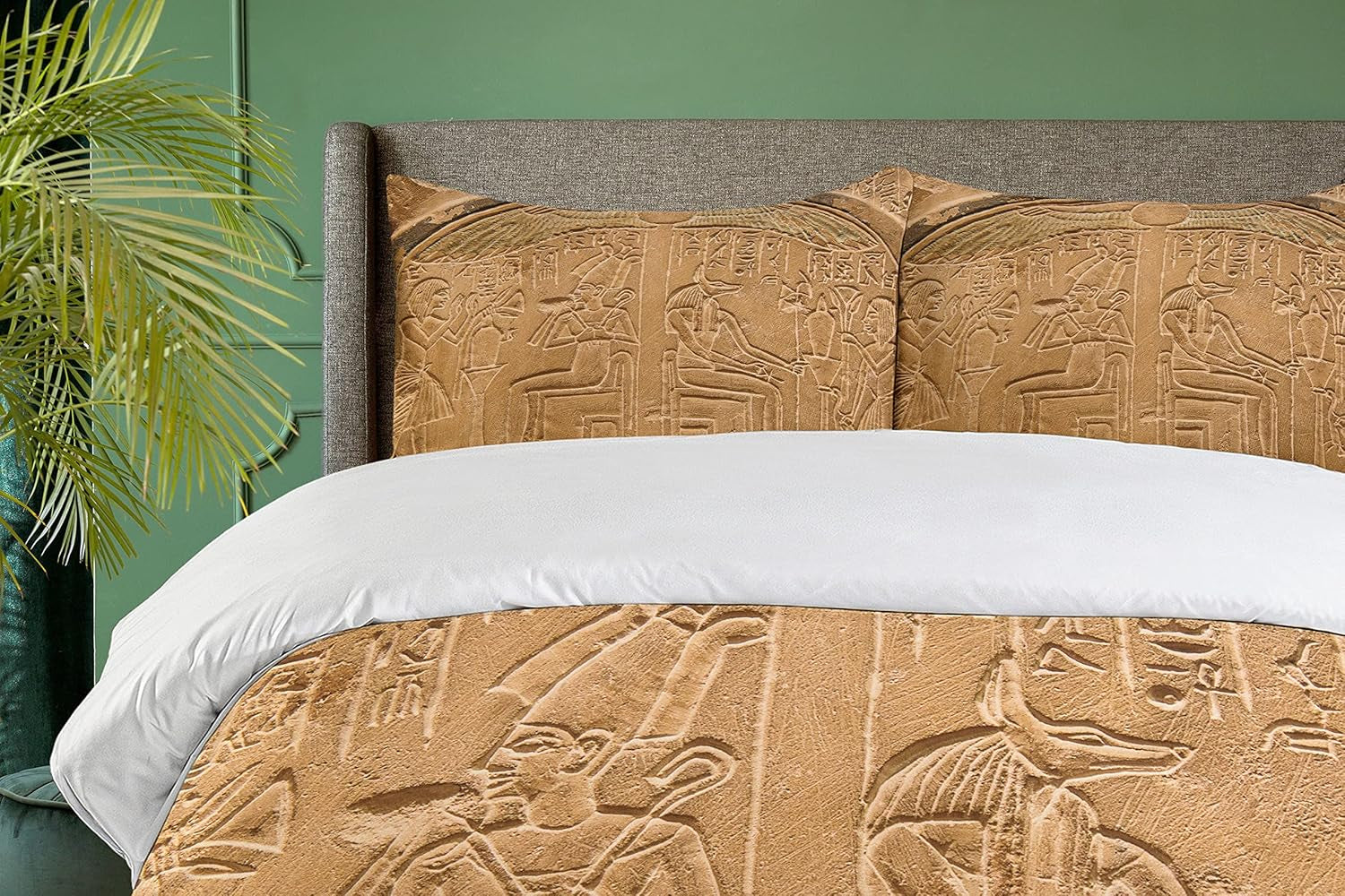 Egyptian Print Duvet Cover Set, Egyptian Hieroglyphs on the Wall Stone Surface Scripts Arts Theme Image, Decorative 3 Piece Bedding Set with 2 Pillow Shams, King Size, Brown