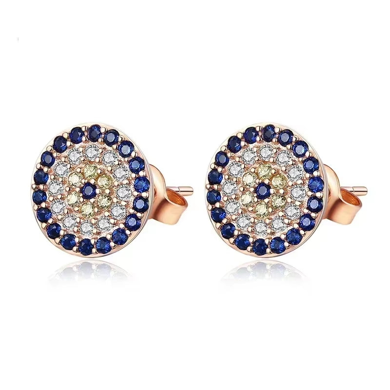 Genuine 925 Sterling Silver CZ Crystal Lucky Turkey Evil Eye Earrings for Women Yellow Rose Gold Jewelry KLTE009