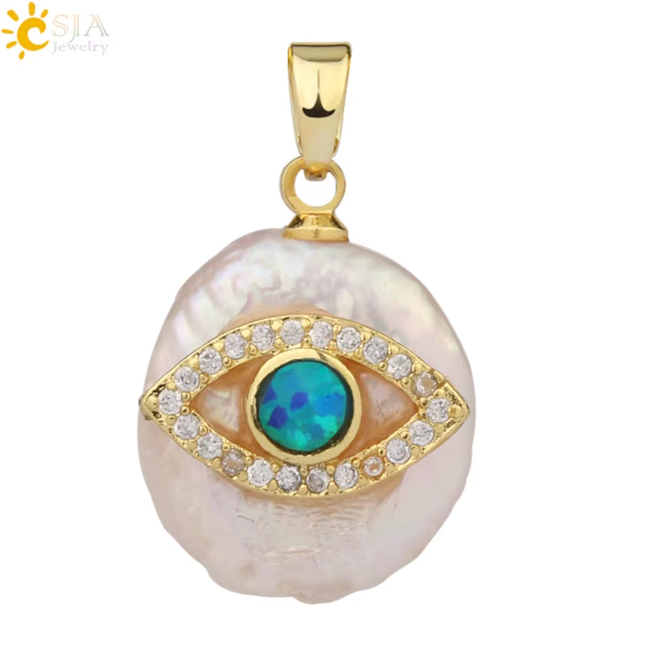 CSJA Coin Freshwater Pearl Pendants Small Size Evil Eye Hamsa Fatima Hand Zircon Gold Color Necklace Choker for Women Girls G205