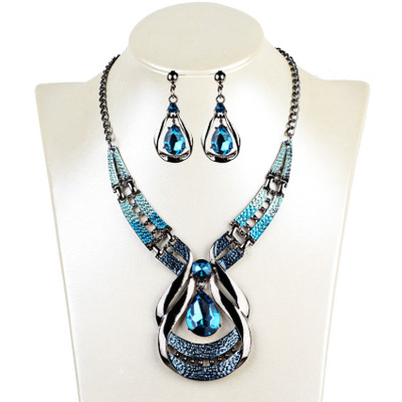 European and American Jewellery Suit, Exotic, Antique, Oil Blue, Blue Jewel Necklace, Water Drop Suit Earring Clavicle Chain