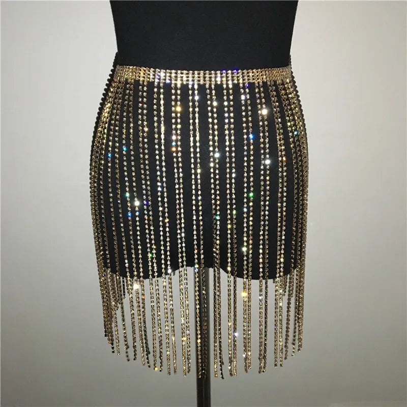 Glitter Rhinestone Long Tassel Jewel Skirts Crystal Diamonds Fringe Adjustable Sexy Women Summer Beach Bikini Mini Skirt