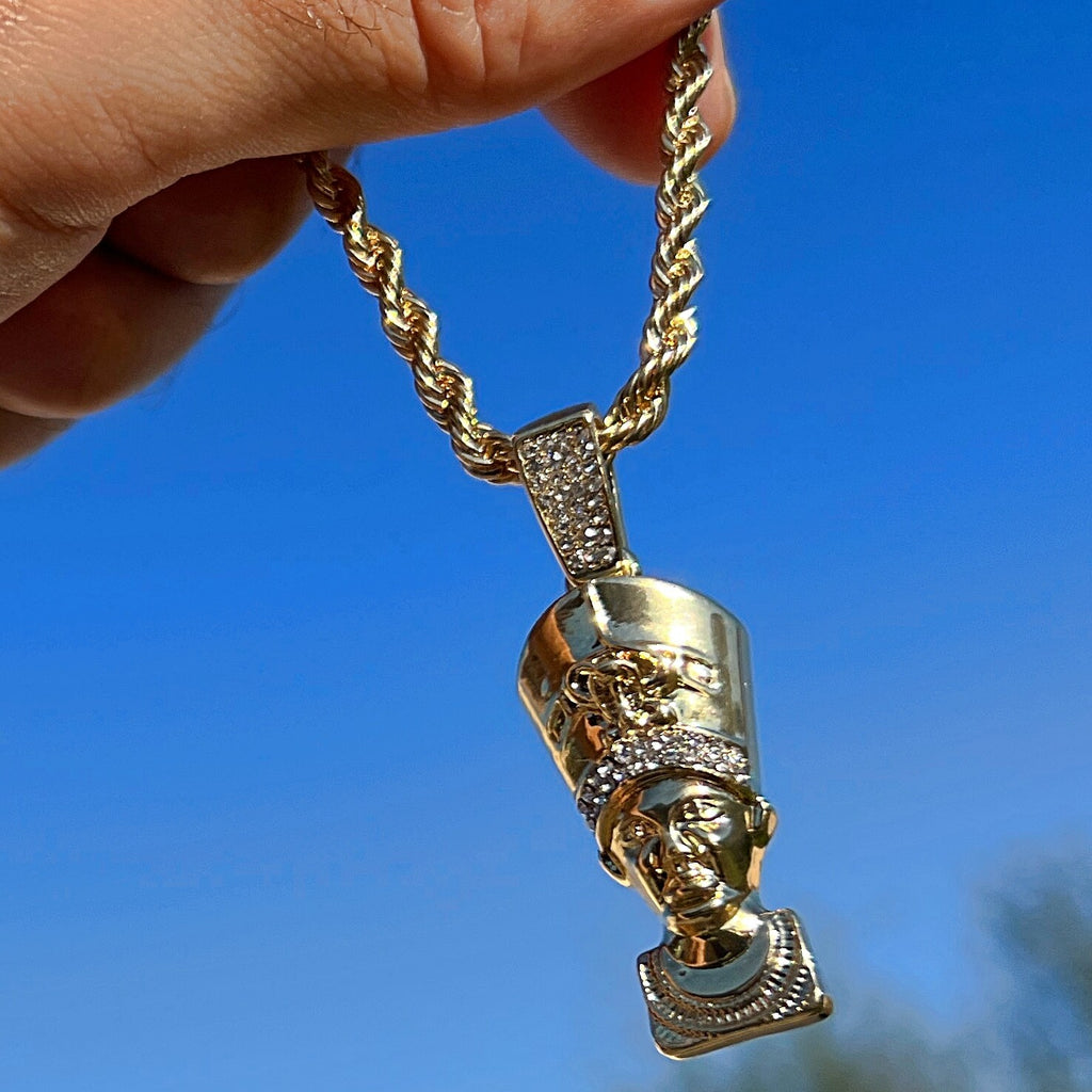 14K Gold Plated Egypt Queen Nefertiti Iced Bling Out Simulated CZ Rope Chain 24"