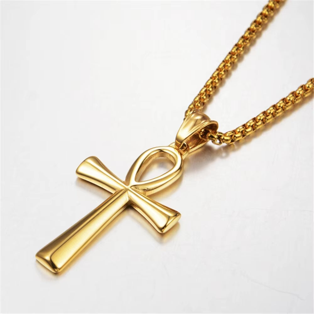 Egyptian Ankh Cross Necklaces Pendants Gold Color Stainless Steel Hieroglyphs Amulet Necklaces for Women Men Egypt Jewelry Gifts