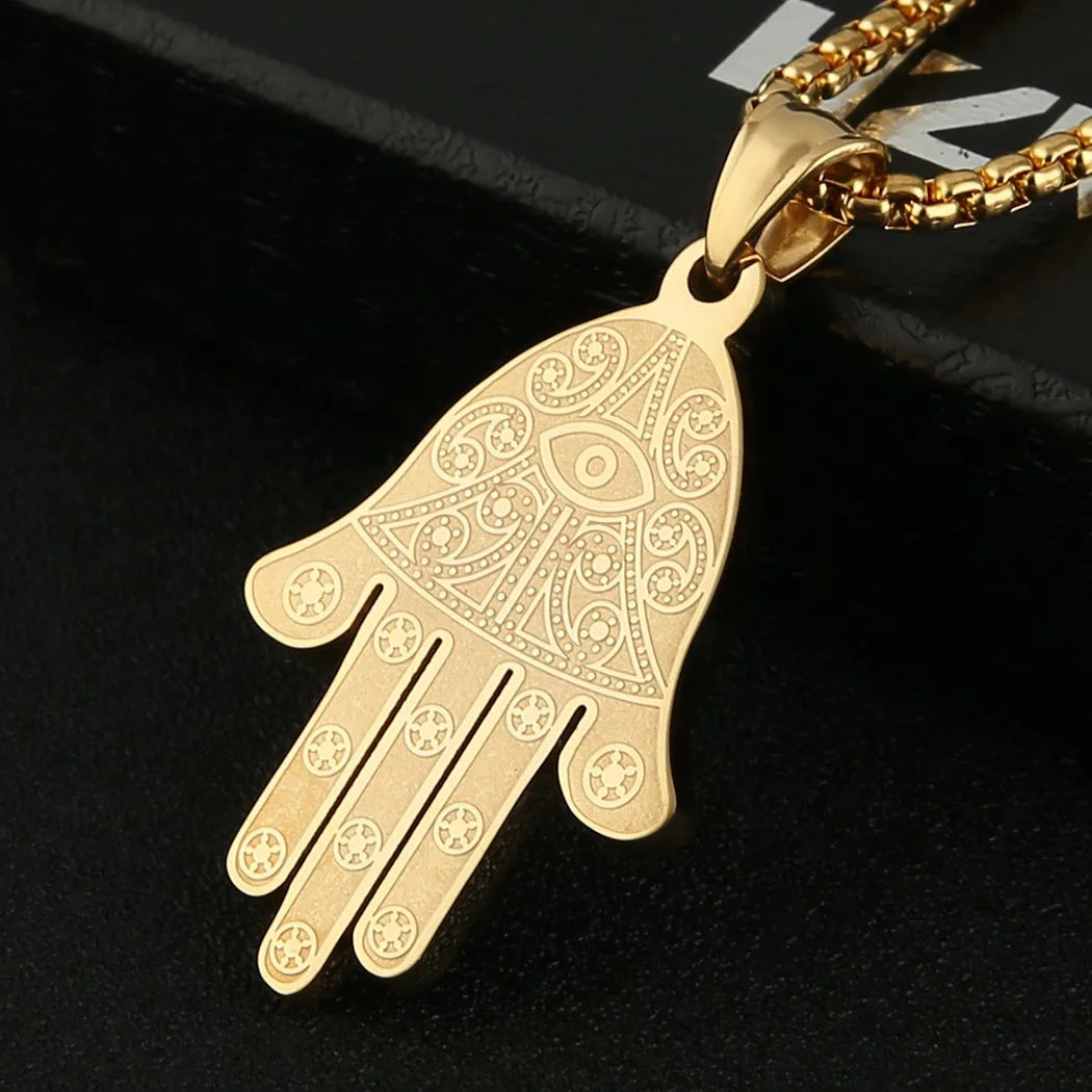 Stainless Steel Egyptian Eye Fatima Hamsa Hand Pendant Necklace Success and Protection Lucky (Gold)