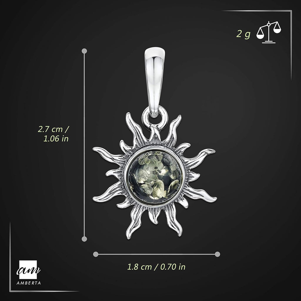 925 Sterling Silver with Genuine Baltic Amber - Sun Pendant for Women - Various Stone Colors