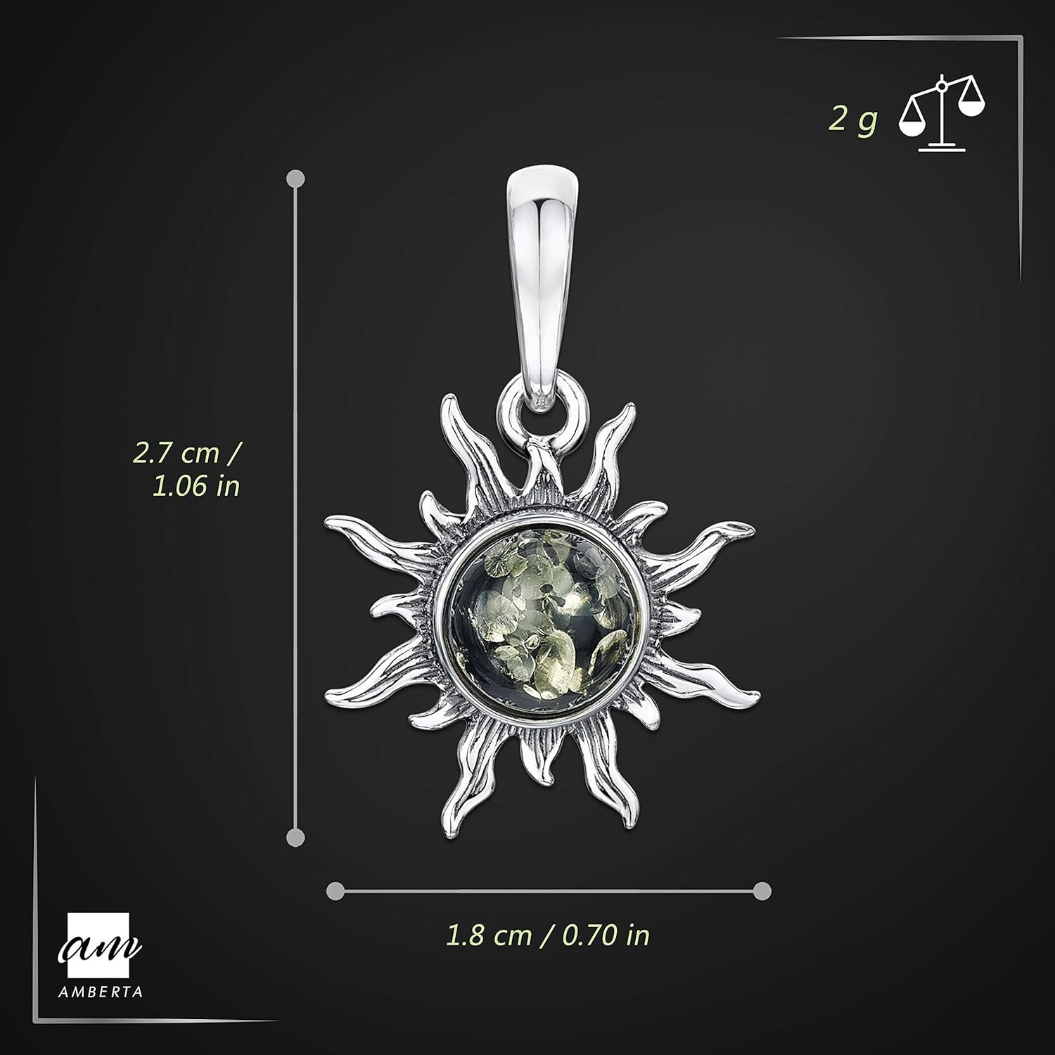 925 Sterling Silver with Genuine Baltic Amber - Sun Pendant for Women - Various Stone Colors