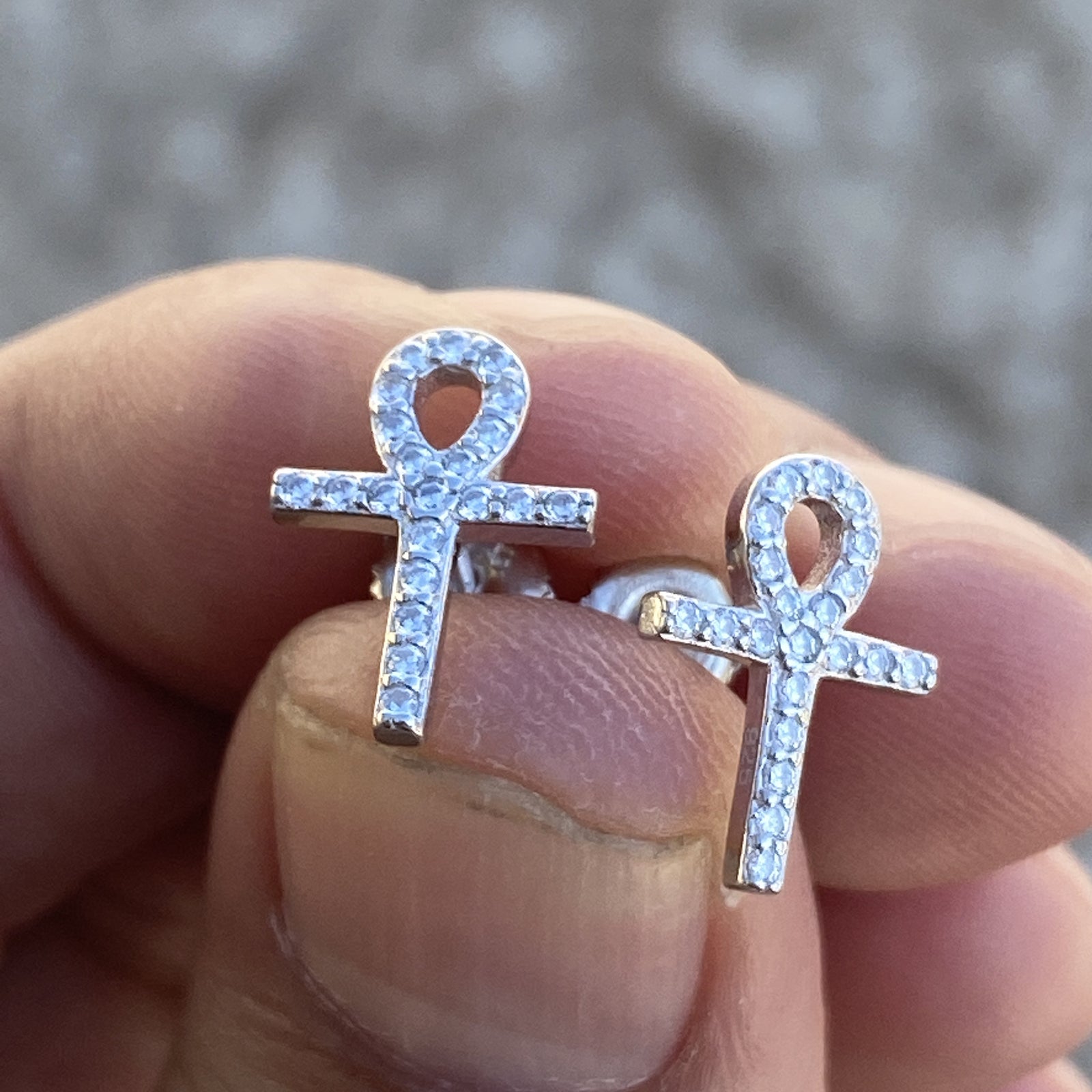 925 Sterling Silver Egyptian Ankh Cross Earrings Iced Flooded Out CZ Screw Back