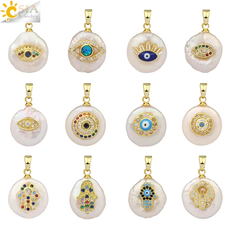 CSJA Coin Freshwater Pearl Pendants Small Size Evil Eye Hamsa Fatima Hand Zircon Gold Color Necklace Choker for Women Girls G205