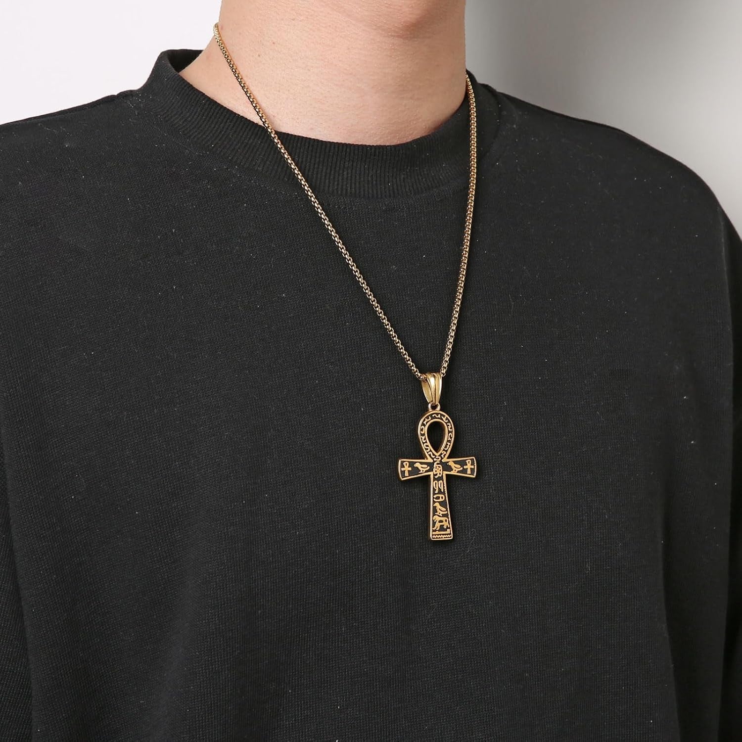 Stainless Steel Large Ankh Cross Pendant Ancient Egyptian Hieroglyphic Symbol 22+2 Inch Chain