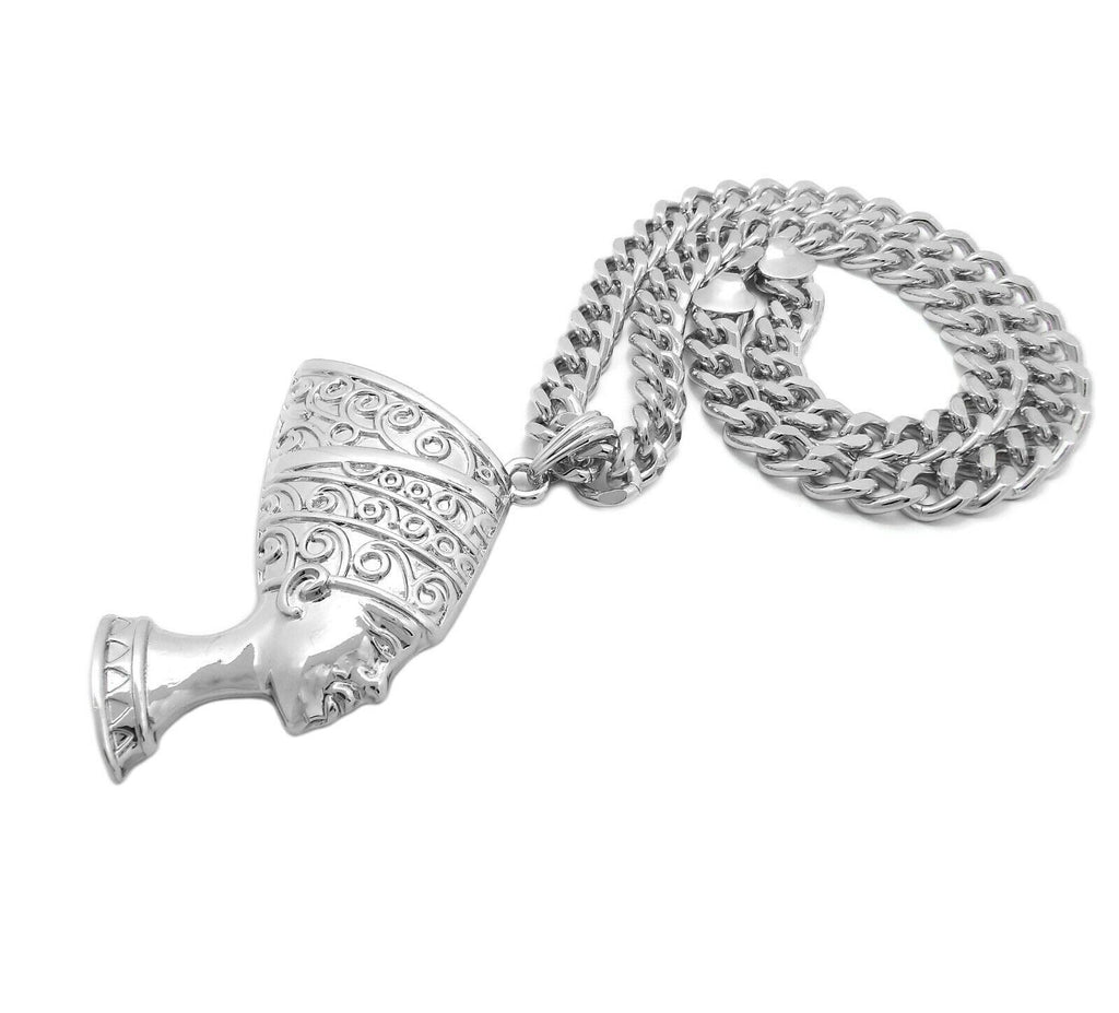 GOLD PLATED EGYPTIAN QUEEN NEFERTITI PENDANT & 10Mm CUBAN CHAIN HIP HOP NECKLACE