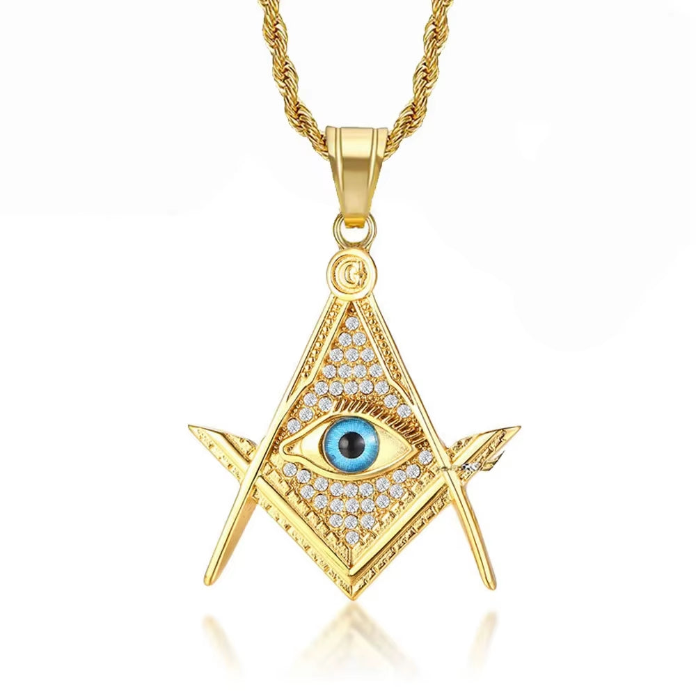 Drop Shipping Hip Hop Iced Out Masonic All-Seeing Eye Pendant Necklace Chain Gold Color Stainless Steel Freemason Mason Jewelry