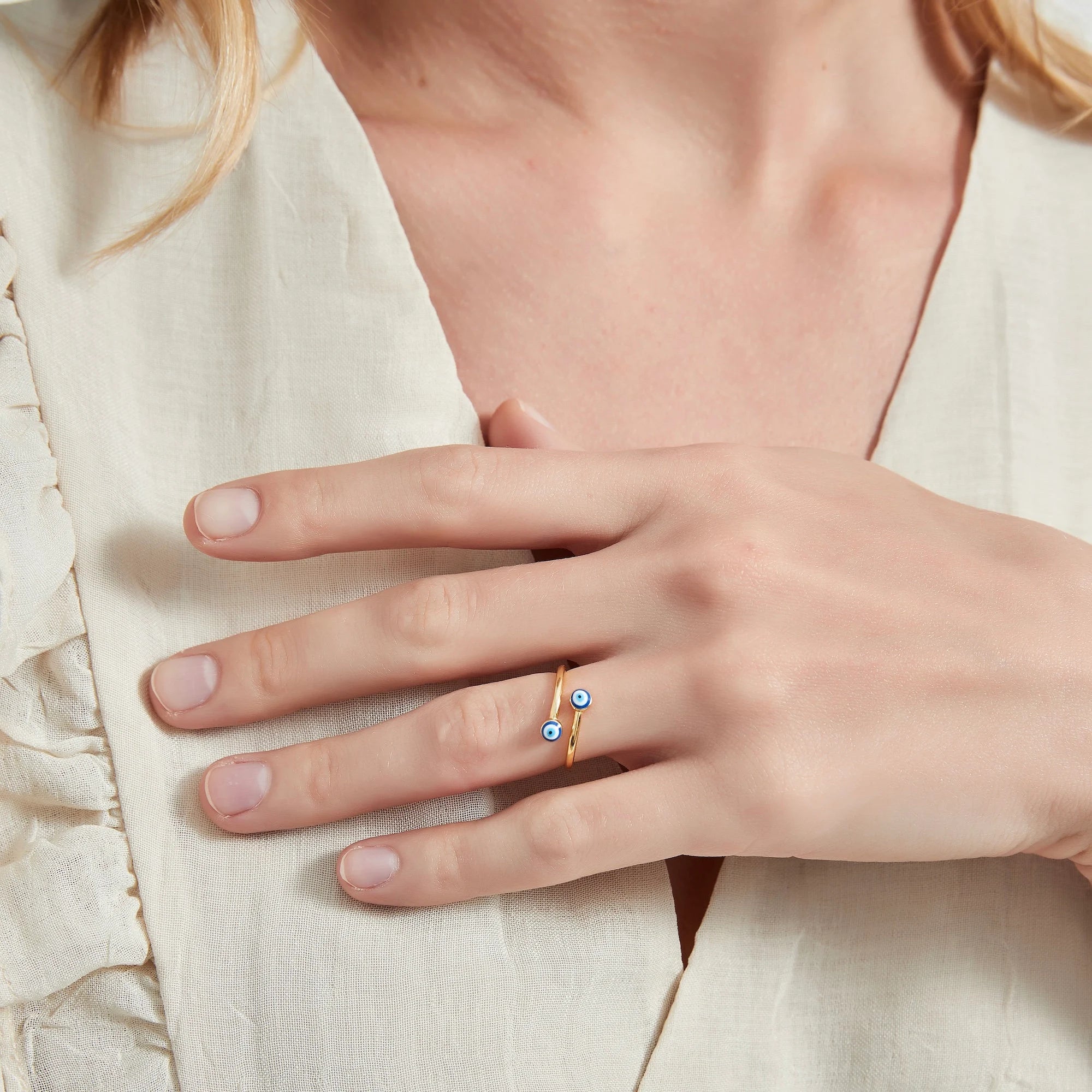 Evil Eye Nazar Bypass Ring • Turkish Blue Eye Stacking Ring • Sterling Silver Friendship Jewelry • Trendy Best Friend Gift