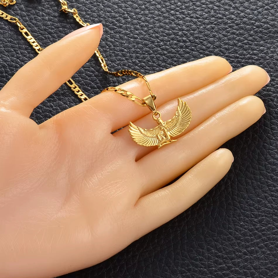 Fab Egyptian Goddess Pendant Necklaces Gold Color Wing Chains Ankh Bib Wicca Pagan Jewelry Egypt Religion #220206B