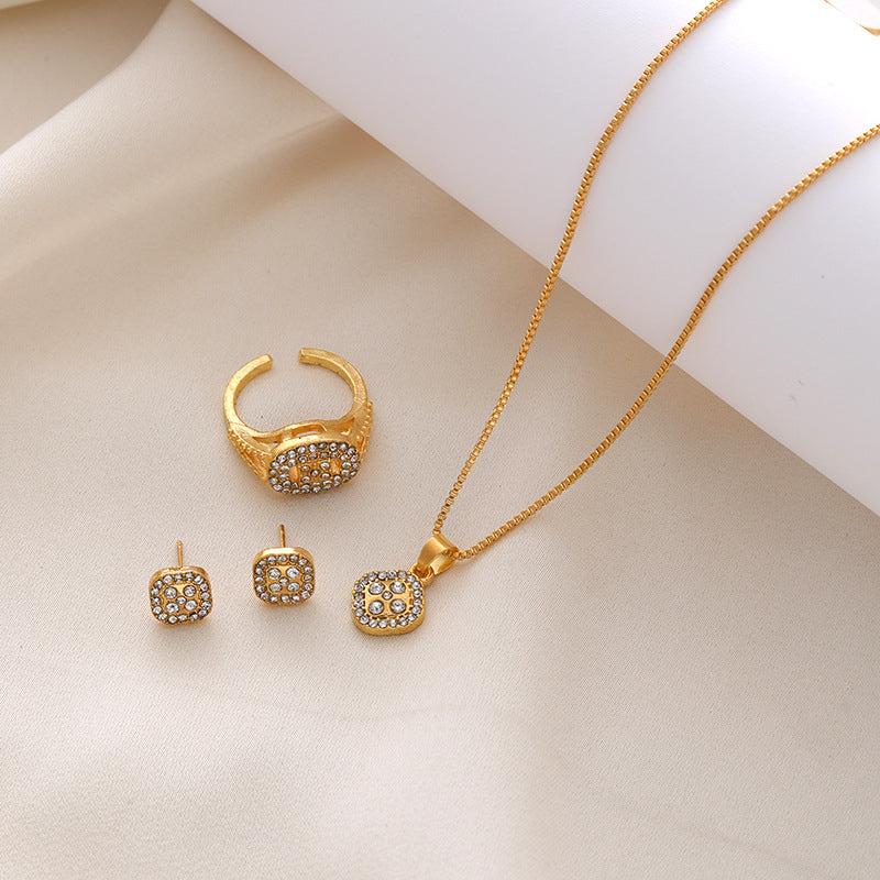 Diamond Geometric Necklace Ring Earrings 3-Piece Set