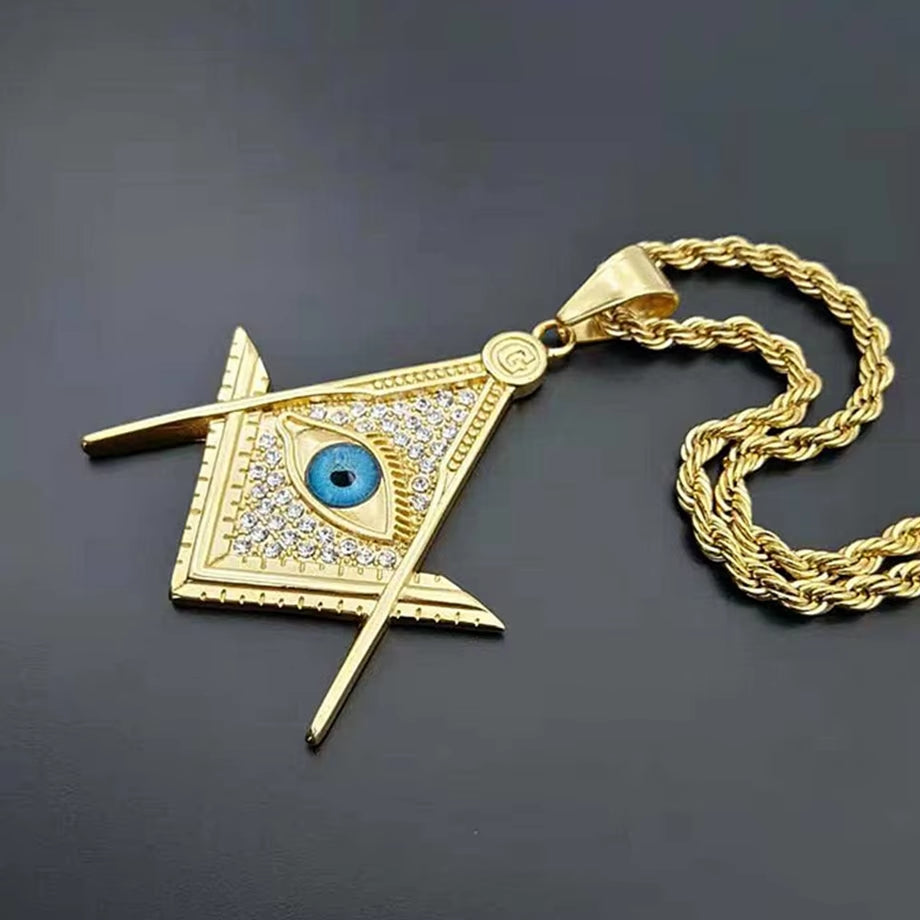 Drop Shipping Hip Hop Iced Out Masonic All-Seeing Eye Pendant Necklace Chain Gold Color Stainless Steel Freemason Mason Jewelry