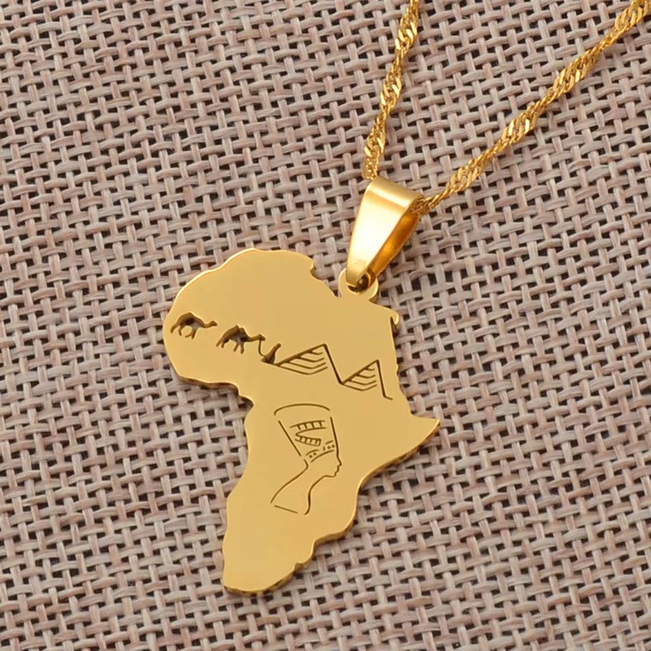 Africa Map with Egyptian Queen Nefertiti Camel Pyramid Pendant Necklaces African Jewelry @112221