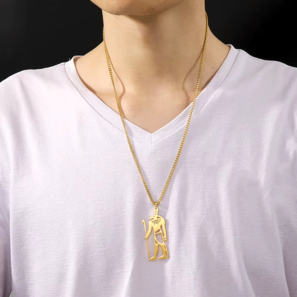 Egyptian God Talisman Stainless Steel Pendant Necklace for Women/Men Wisdom Thoth Ibis-Head Amulet Gold Plated Jewelry