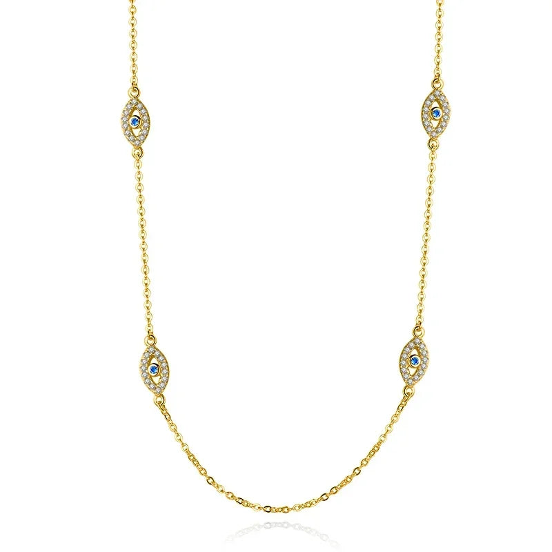 925 Sterling Silver Necklace Earrings Women round Luck Evil Eye Ring Necklaces Blue Zircon Long Link Turkey Jewelry Set