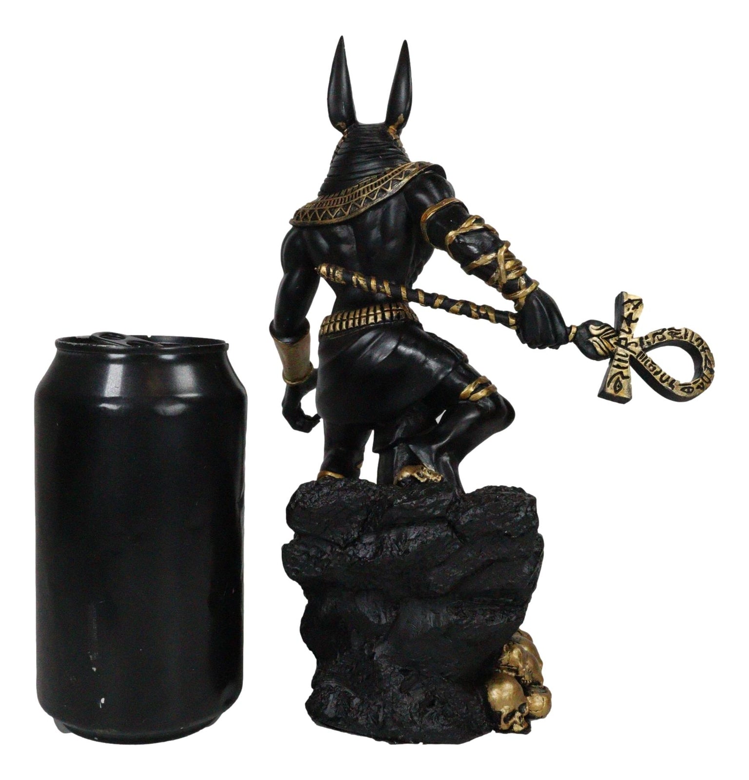 Egyptian Jackal God Anubis with Ankh Staff Spear on Skull Graveyard Figurine