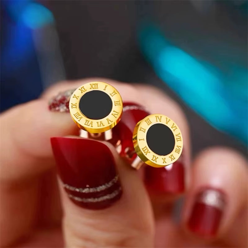 Stainless Steel Jewelry Set Snake Chain Necklace & Roman Numeral - Inscribed Earrings with Black Inlays