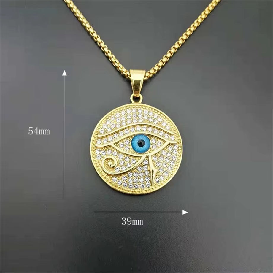 Egyptian the Evil Eye of Horus Pendant Necklace for Women/Men Gold Color Stainless Steel Egypt round Jewelry